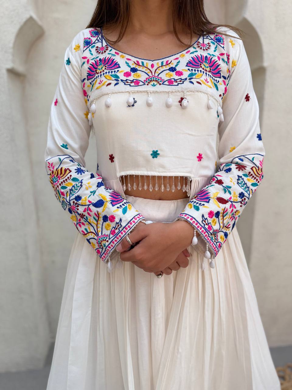 White Pure Rayon Cotton Traditional Real Mirror Gamthi Work Navratri Lehenga Choli
