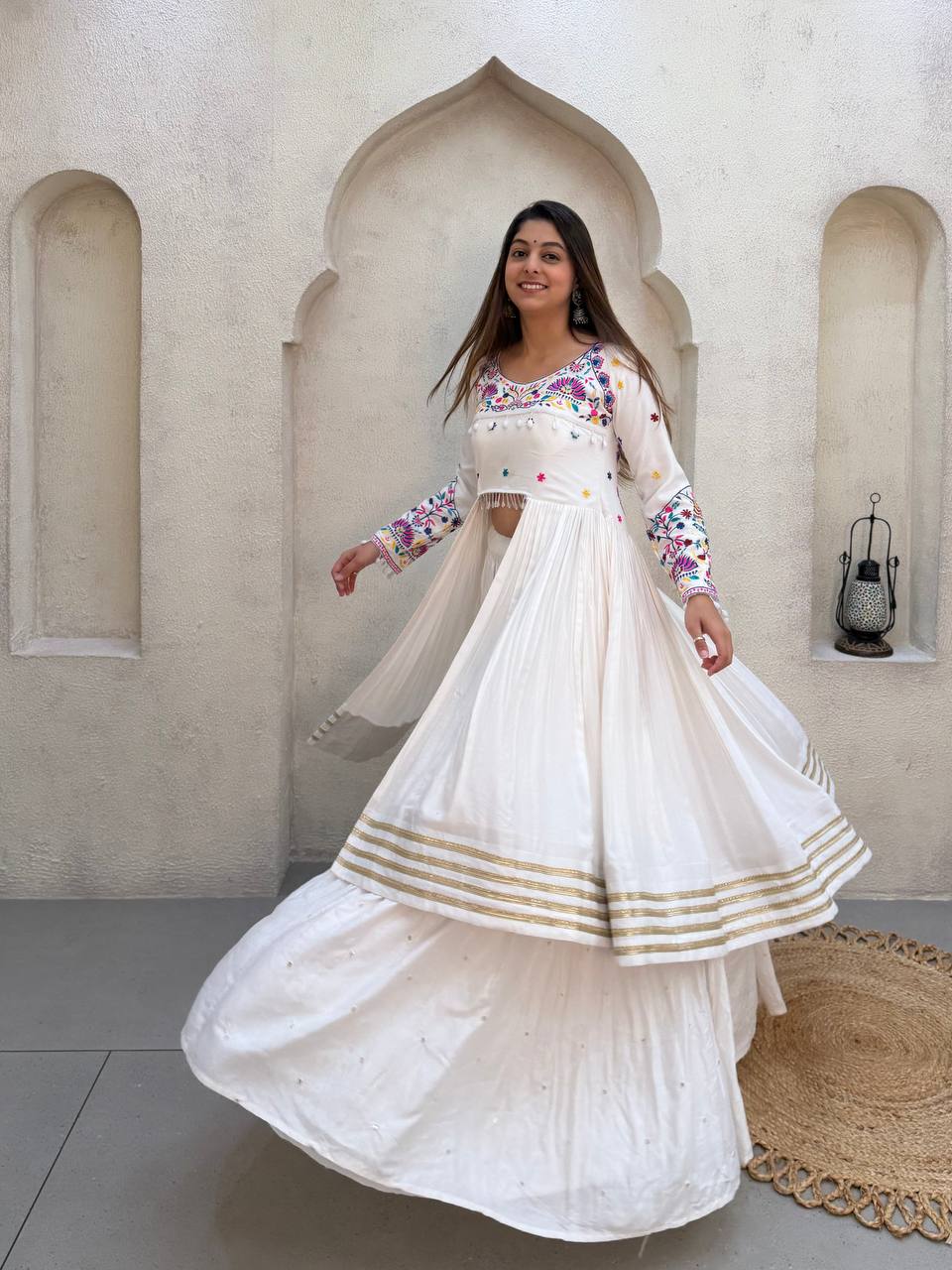 White Pure Rayon Cotton Traditional Real Mirror Gamthi Work Navratri Lehenga Choli