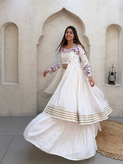White Pure Rayon Cotton Traditional Real Mirror Gamthi Work Navratri Lehenga Choli