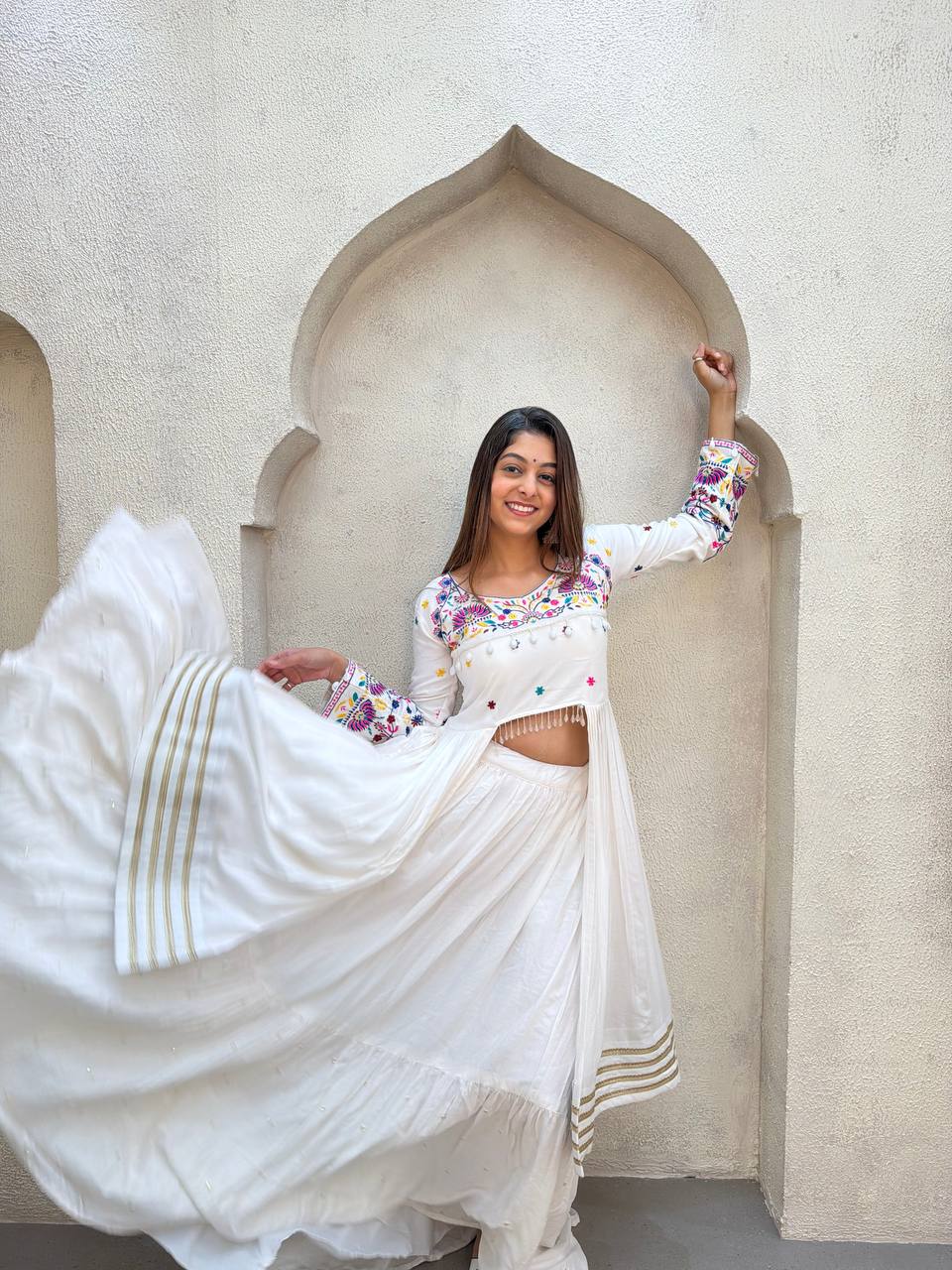White Pure Rayon Cotton Traditional Real Mirror Gamthi Work Navratri Lehenga Choli