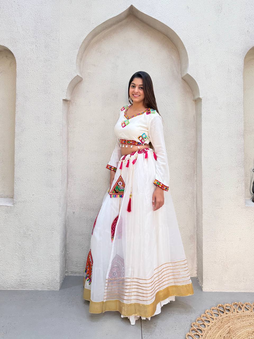 White Pure Rayon Cotton Traditional Real Mirror Gamthi Work Navratri Lehenga Choli