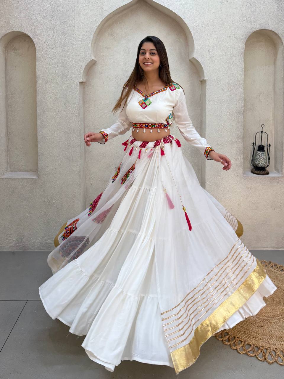 White Pure Rayon Cotton Traditional Real Mirror Gamthi Work Navratri Lehenga Choli