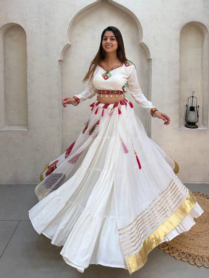 White Pure Rayon Cotton Traditional Real Mirror Gamthi Work Navratri Lehenga Choli