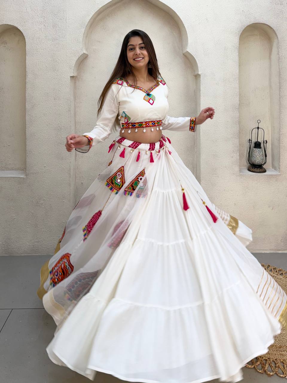 White Pure Rayon Cotton Traditional Real Mirror Gamthi Work Navratri Lehenga Choli