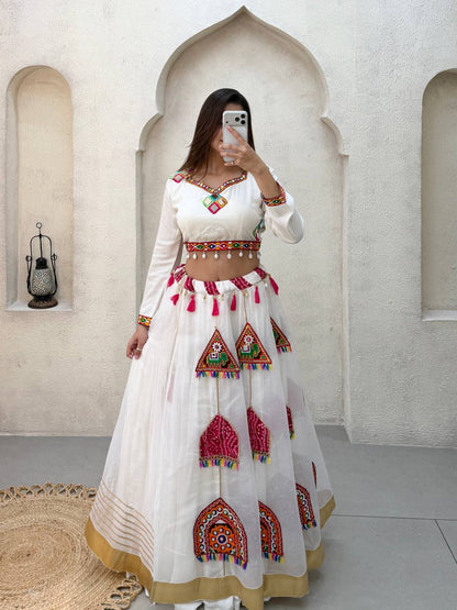 White Pure Rayon Cotton Traditional Real Mirror Gamthi Work Navratri Lehenga Choli