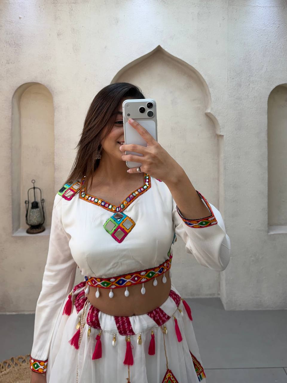White Pure Rayon Cotton Traditional Real Mirror Gamthi Work Navratri Lehenga Choli