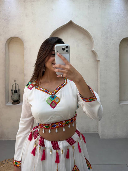 White Pure Rayon Cotton Traditional Real Mirror Gamthi Work Navratri Lehenga Choli