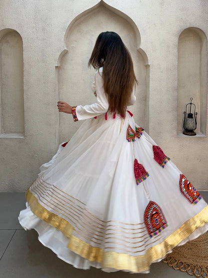 White Pure Rayon Cotton Traditional Real Mirror Gamthi Work Navratri Lehenga Choli