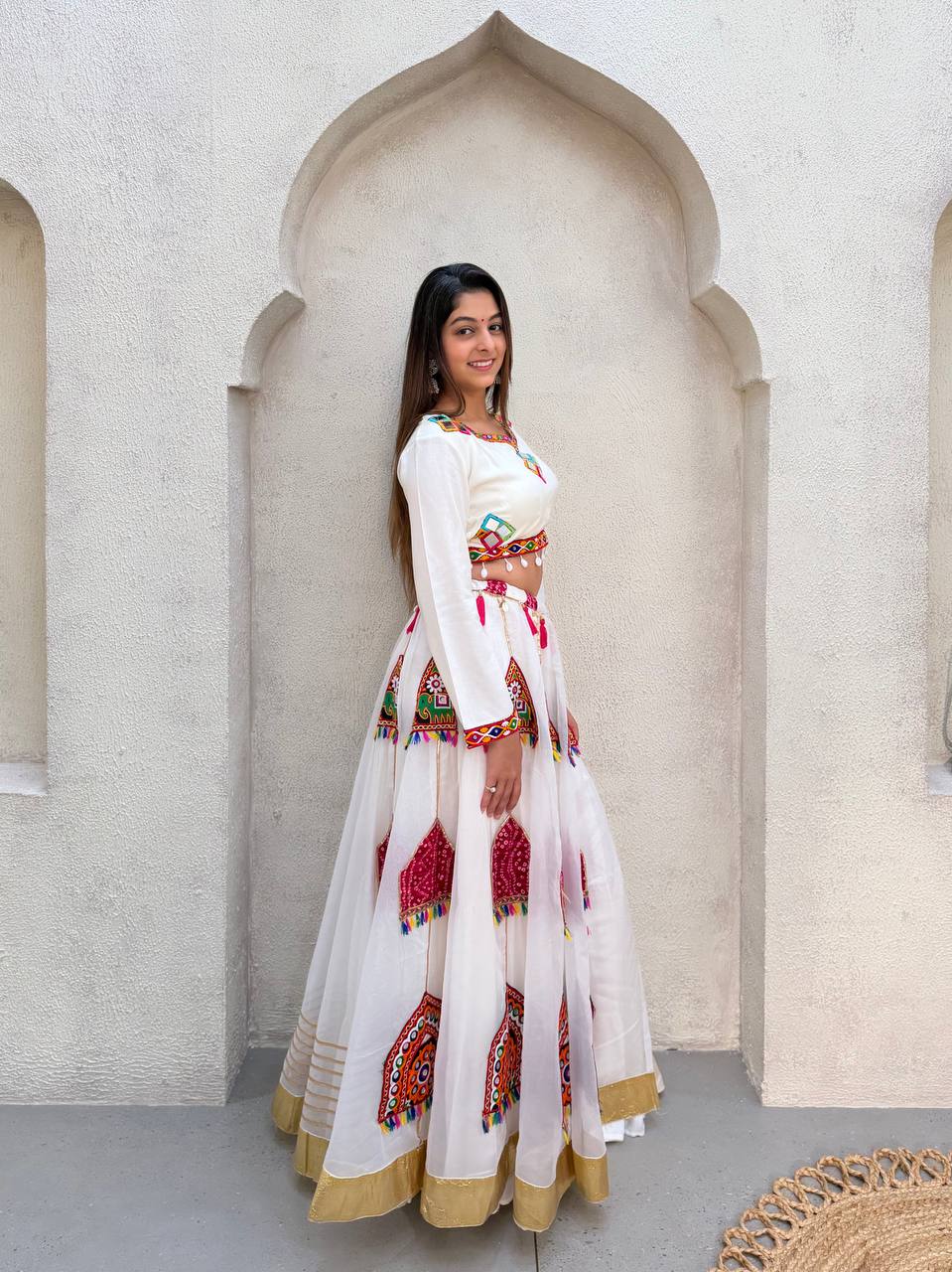 White Pure Rayon Cotton Traditional Real Mirror Gamthi Work Navratri Lehenga Choli