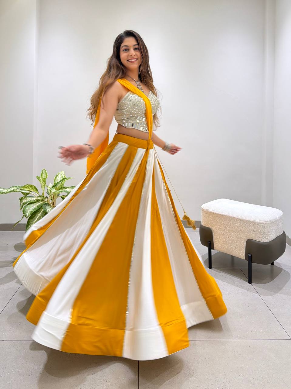 Yellow Pure Rayon Cotton Traditional Real Mirror Gamthi Work Navratri Lehenga Choli