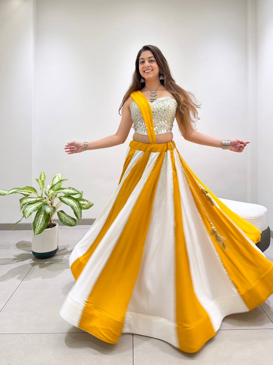 Yellow Pure Rayon Cotton Traditional Real Mirror Gamthi Work Navratri Lehenga Choli