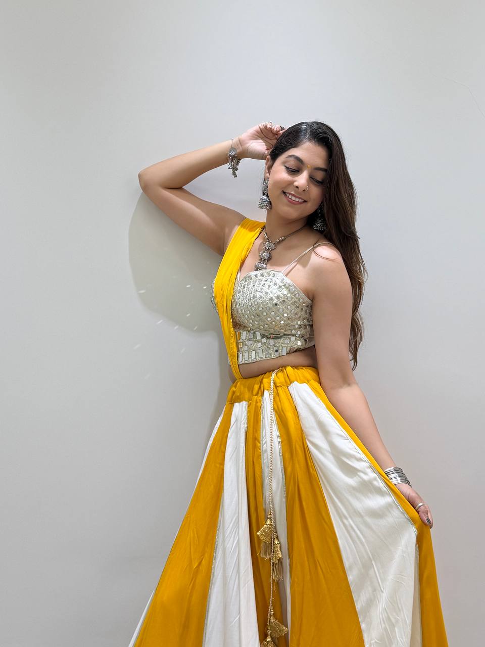 Yellow Pure Rayon Cotton Traditional Real Mirror Gamthi Work Navratri Lehenga Choli