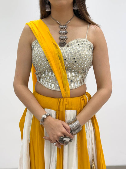 Yellow Pure Rayon Cotton Traditional Real Mirror Gamthi Work Navratri Lehenga Choli