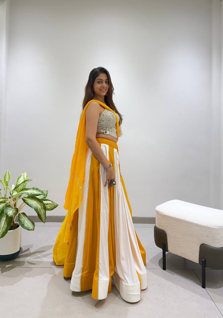 Yellow Pure Rayon Cotton Traditional Real Mirror Gamthi Work Navratri Lehenga Choli