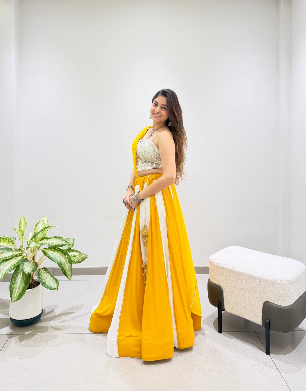 Yellow Pure Rayon Cotton Traditional Real Mirror Gamthi Work Navratri Lehenga Choli