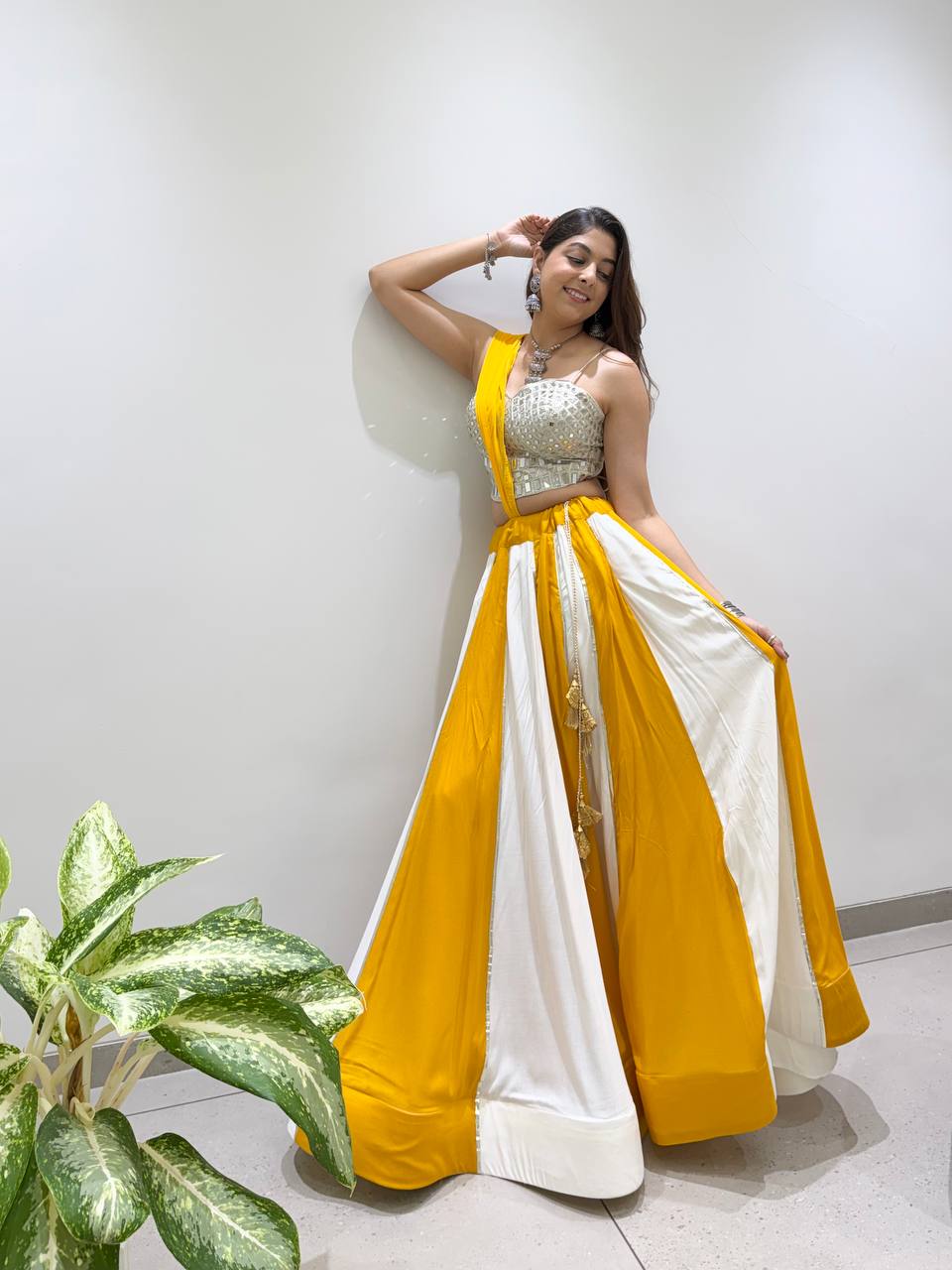 Yellow Pure Rayon Cotton Traditional Real Mirror Gamthi Work Navratri Lehenga Choli