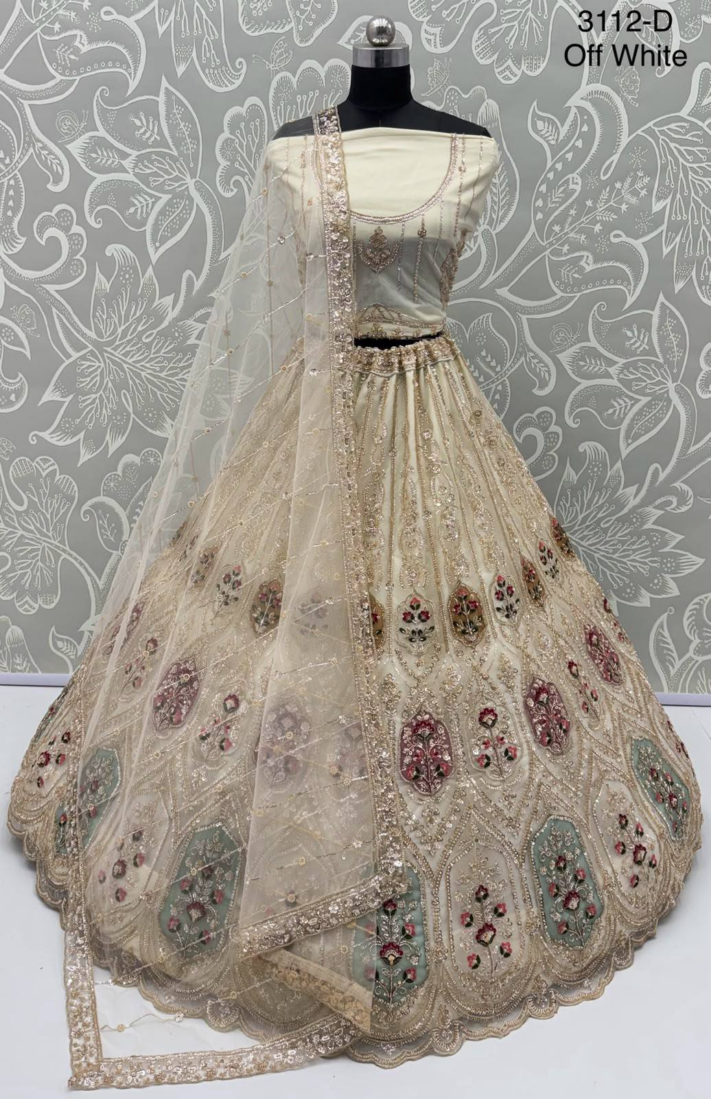 Off White Pure Heavy Net Motif Handwork Zari Sequins Work Bridal Lehenga Choli