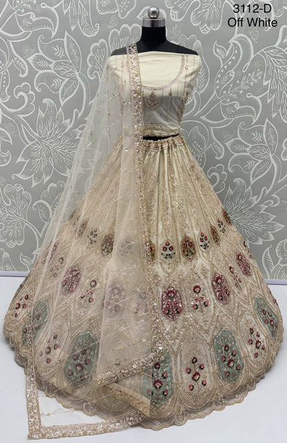Off White Pure Heavy Net Motif Handwork Zari Sequins Work Bridal Lehenga Choli