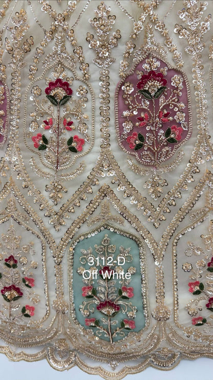 Off White Pure Heavy Net Motif Handwork Zari Sequins Work Bridal Lehenga Choli