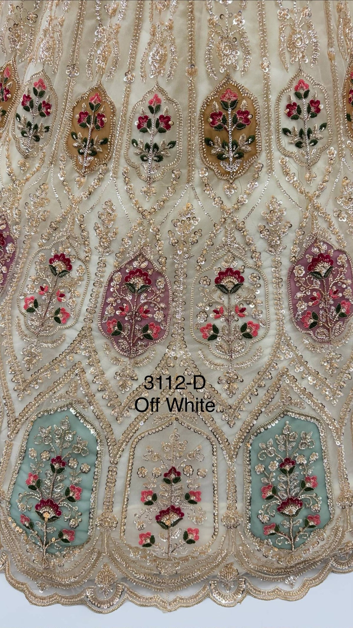 Off White Pure Heavy Net Motif Handwork Zari Sequins Work Bridal Lehenga Choli