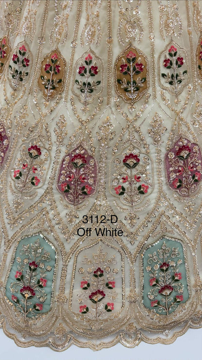 Off White Pure Heavy Net Motif Handwork Zari Sequins Work Bridal Lehenga Choli