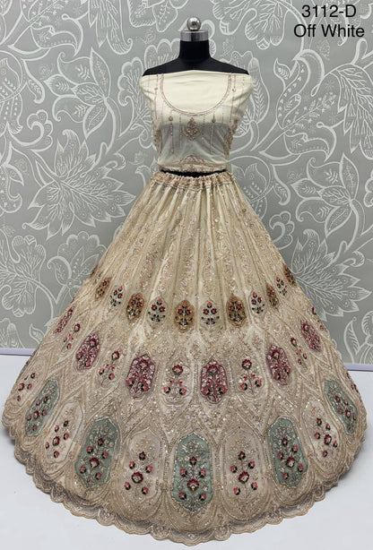 Off White Pure Heavy Net Motif Handwork Zari Sequins Work Bridal Lehenga Choli