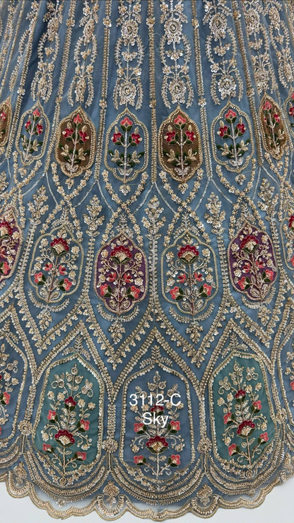 Sky Pure Heavy Net Motif Handwork Zari Sequins Work Bridal Lehenga Choli