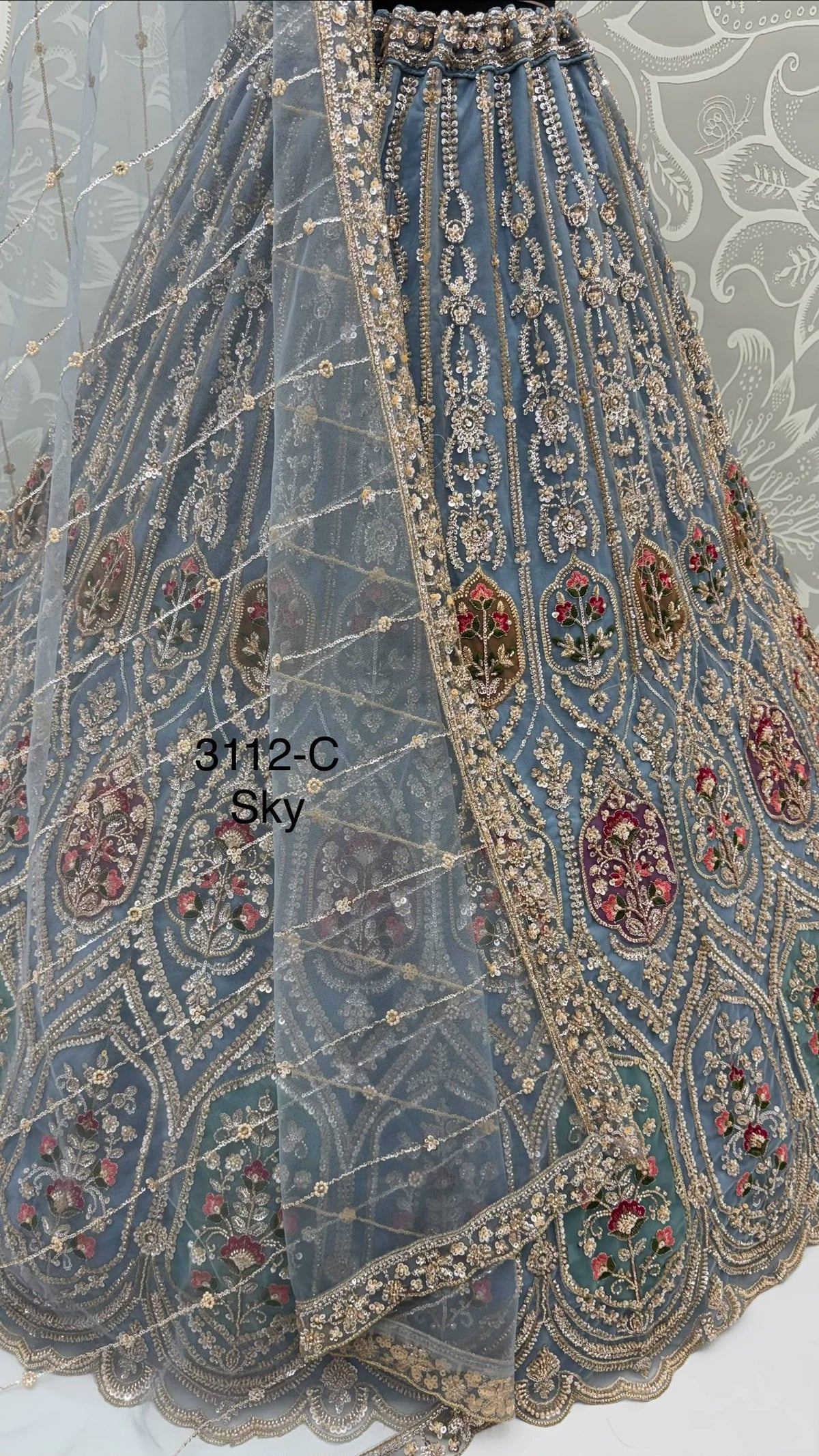 Sky Pure Heavy Net Motif Handwork Zari Sequins Work Bridal Lehenga Choli