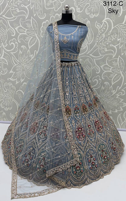 Sky Pure Heavy Net Motif Handwork Zari Sequins Work Bridal Lehenga Choli