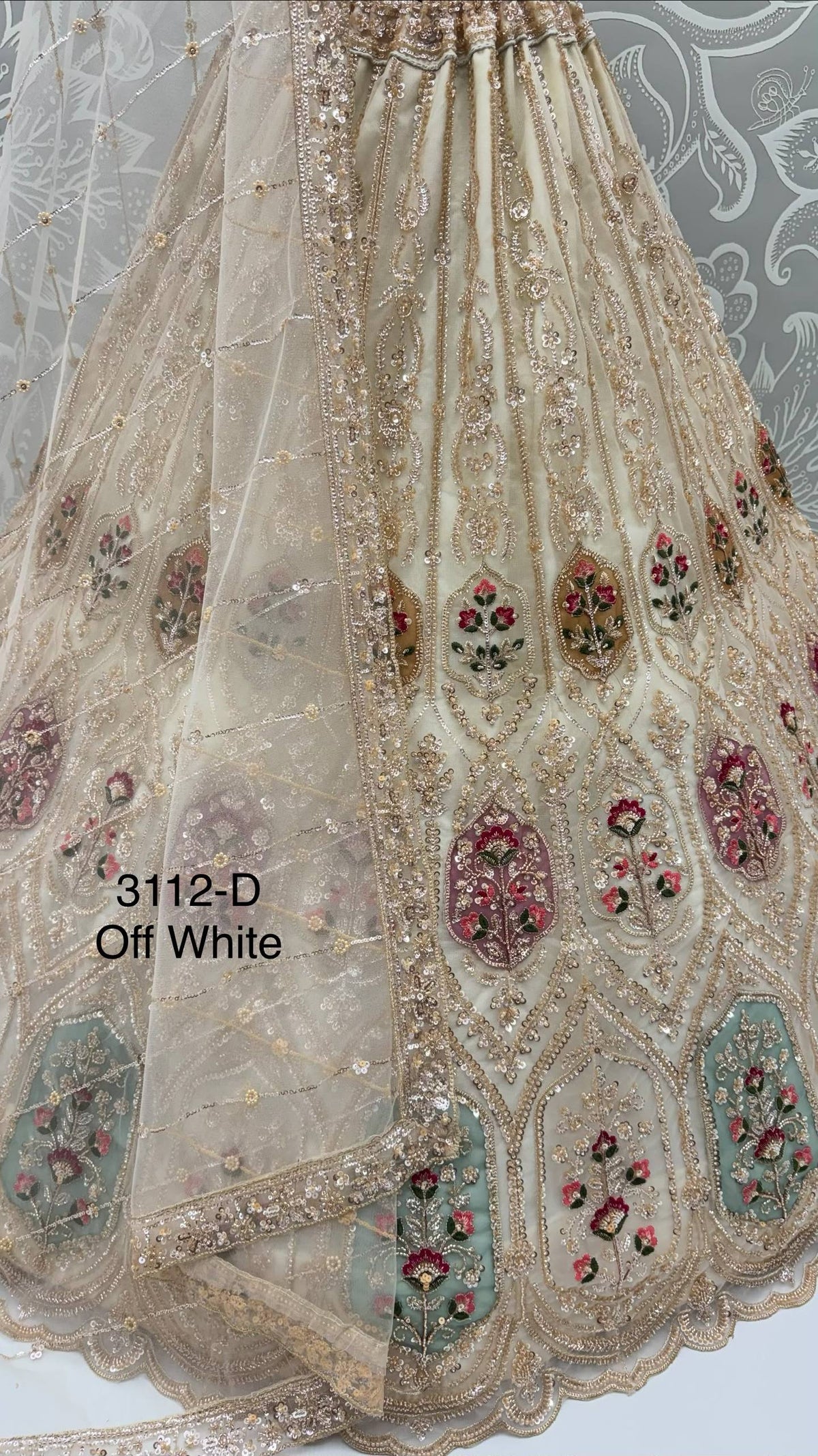 Off White Pure Heavy Net Motif Handwork Zari Sequins Work Bridal Lehenga Choli
