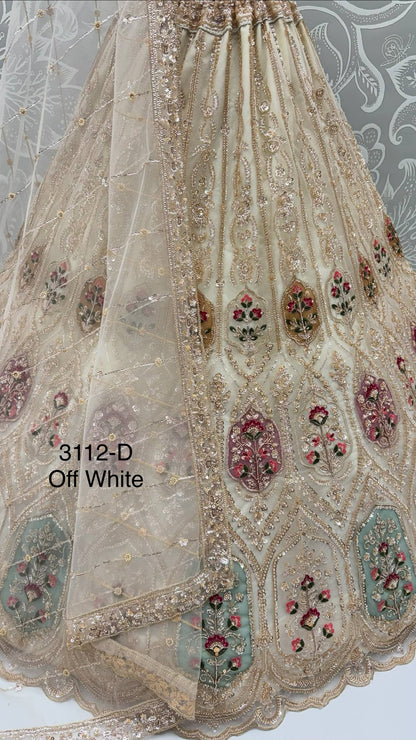 Off White Pure Heavy Net Motif Handwork Zari Sequins Work Bridal Lehenga Choli