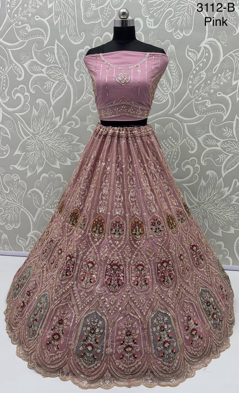 Pink Pure Heavy Net Motif Handwork Zari Sequins Work Bridal Lehenga Choli