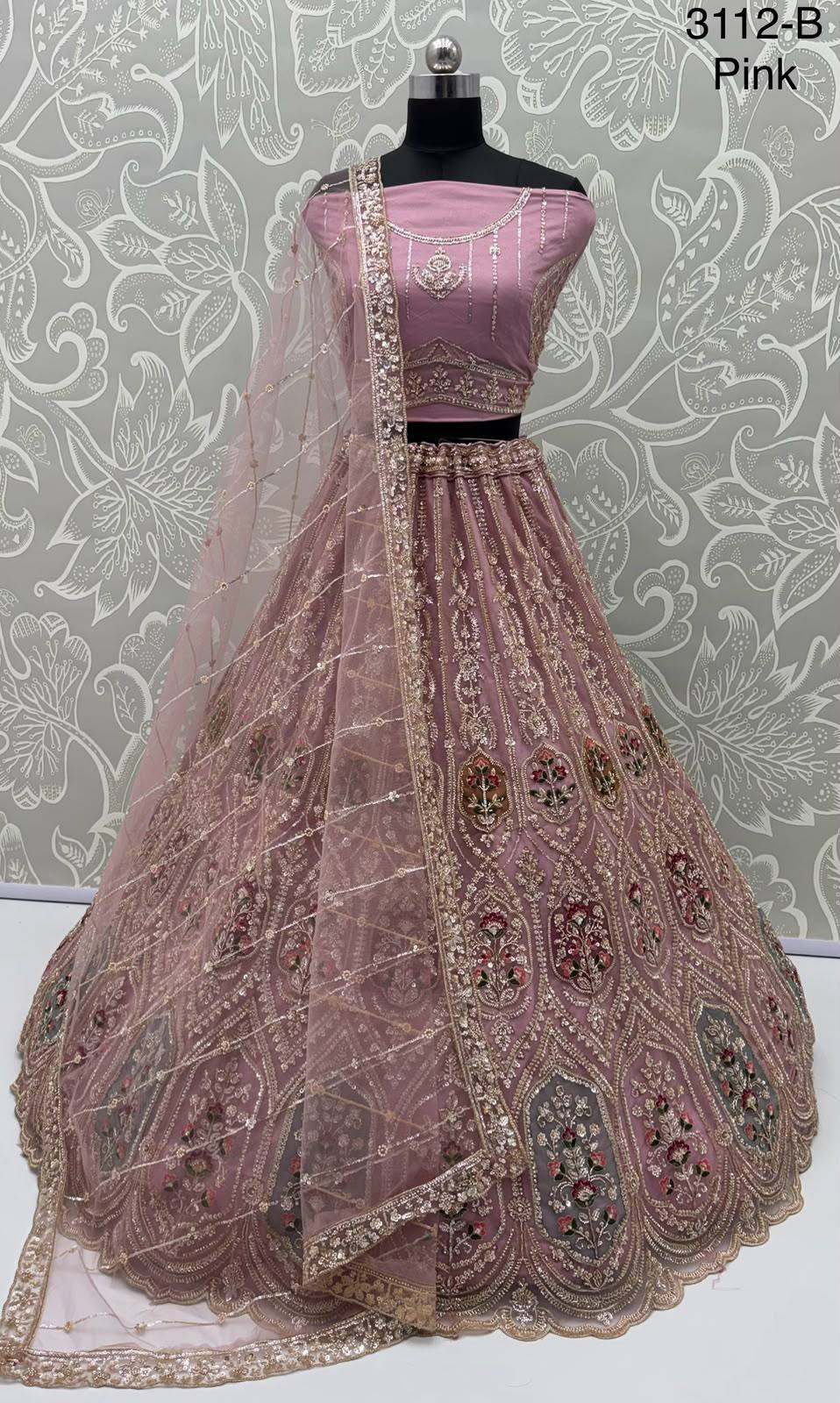 Pink Pure Heavy Net Motif Handwork Zari Sequins Work Bridal Lehenga Choli