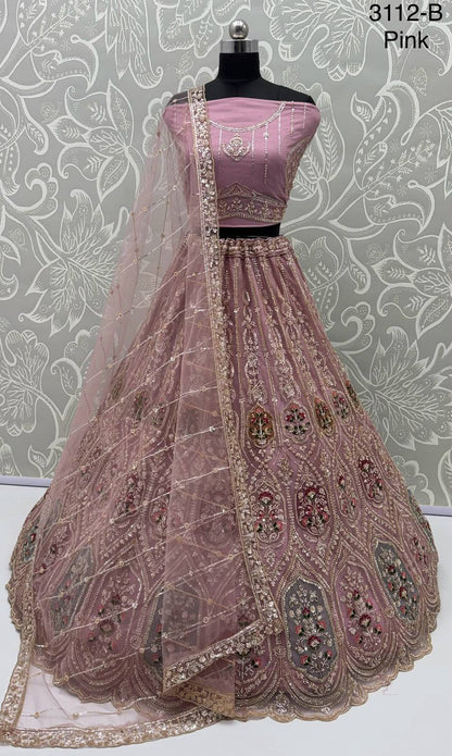 Pink Pure Heavy Net Motif Handwork Zari Sequins Work Bridal Lehenga Choli