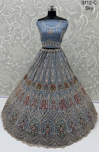 Sky Pure Heavy Net Motif Handwork Zari Sequins Work Bridal Lehenga Choli