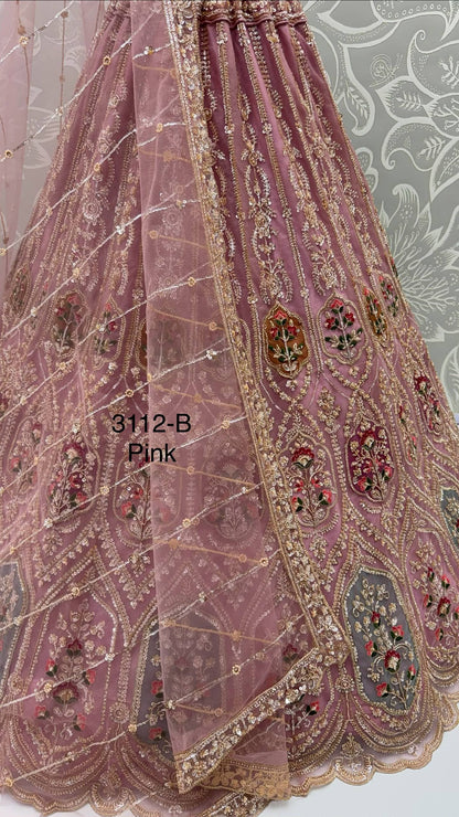 Pink Pure Heavy Net Motif Handwork Zari Sequins Work Bridal Lehenga Choli
