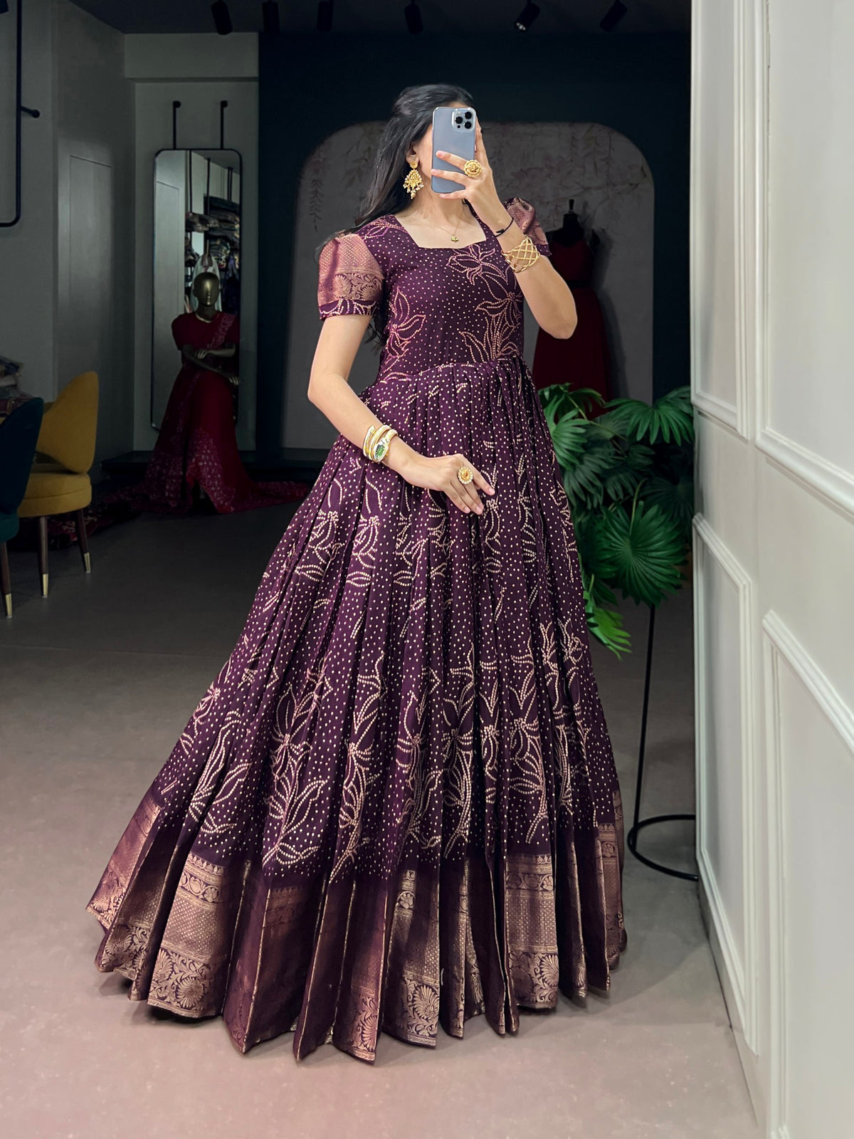 Purple Pure Crafted in Elegant Kota Checks Anarkali Long Gown
