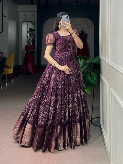 Purple Pure Crafted in Elegant Kota Checks Anarkali Long Gown