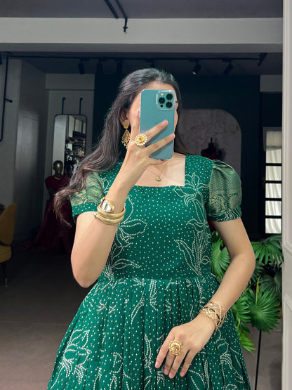 Green Pure Crafted in Elegant Kota Checks Anarkali Long Gown