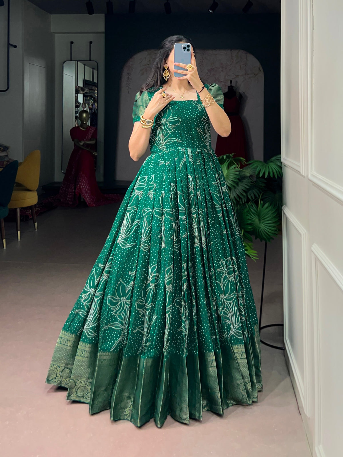 Green Pure Crafted in Elegant Kota Checks Anarkali Long Gown