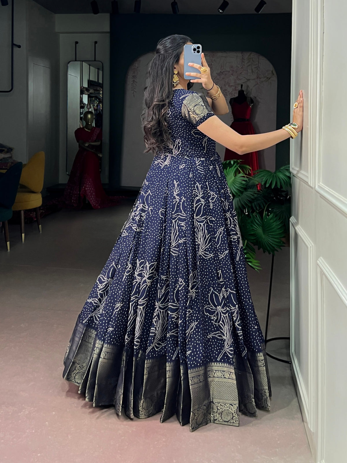 Blue Pure Crafted in Elegant Kota Checks Anarkali Long Gown