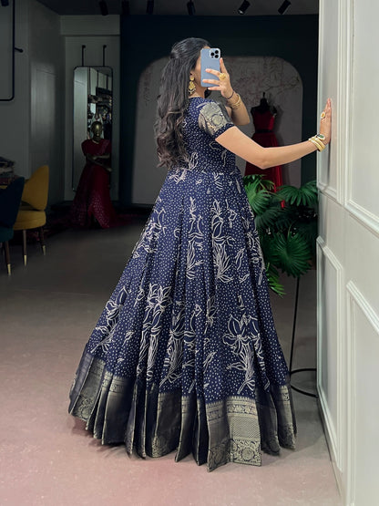 Blue Pure Crafted in Elegant Kota Checks Anarkali Long Gown