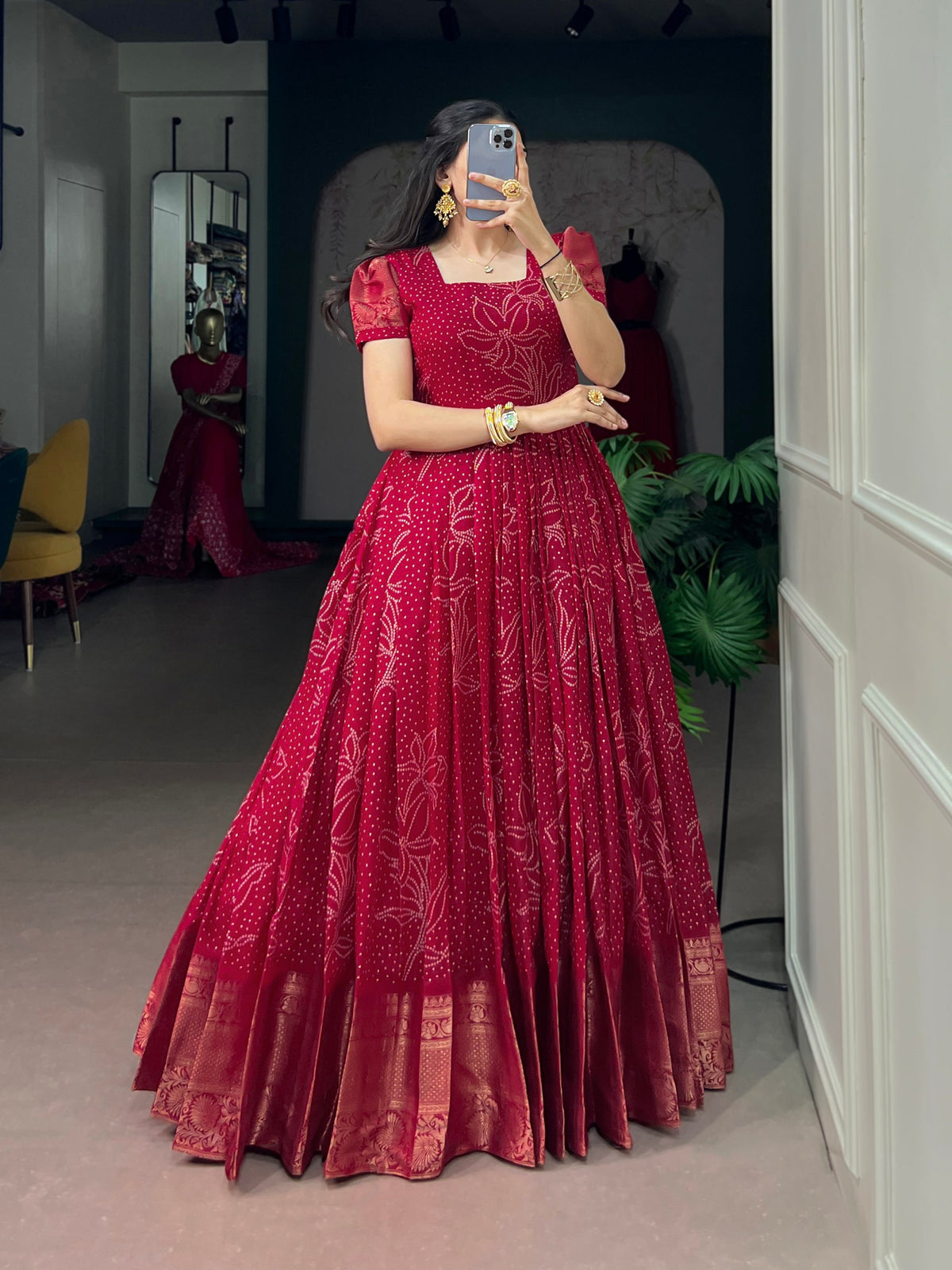 Red Pure Crafted in Elegant Kota Checks Anarkali Long Gown