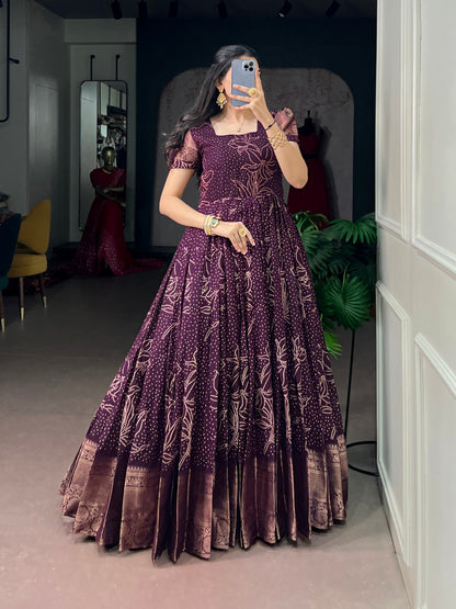 Purple Pure Crafted in Elegant Kota Checks Anarkali Long Gown