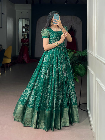 Green Pure Crafted in Elegant Kota Checks Anarkali Long Gown