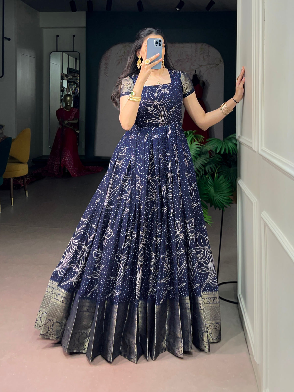 Blue Pure Crafted in Elegant Kota Checks Anarkali Long Gown