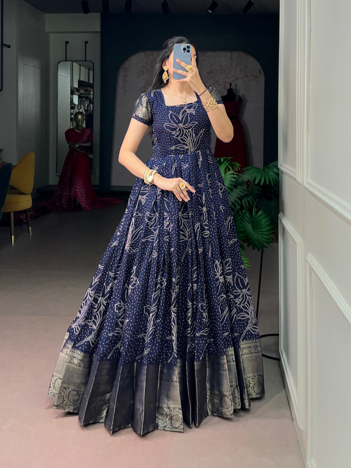 Blue Pure Crafted in Elegant Kota Checks Anarkali Long Gown