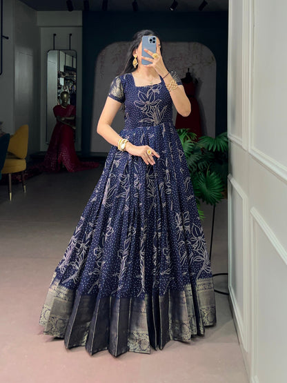 Blue Pure Crafted in Elegant Kota Checks Anarkali Long Gown
