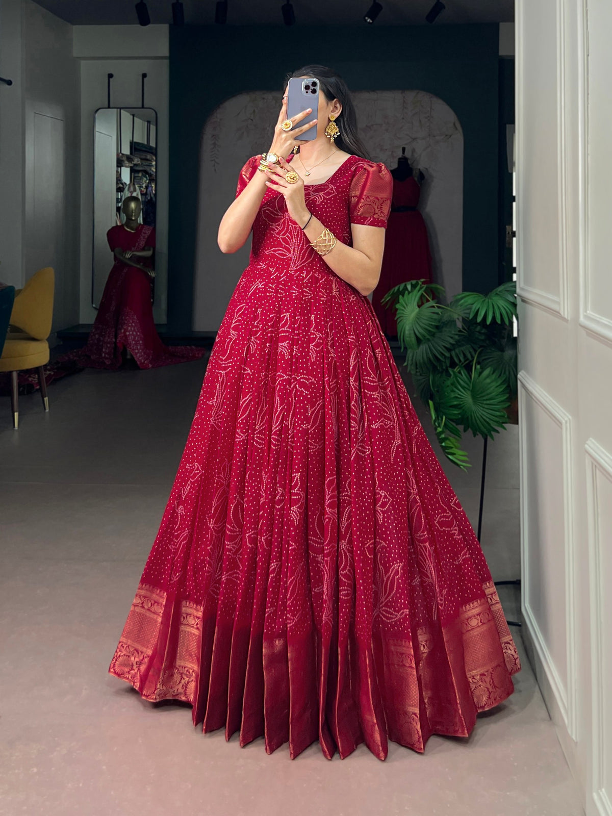 Red Pure Crafted in Elegant Kota Checks Anarkali Long Gown