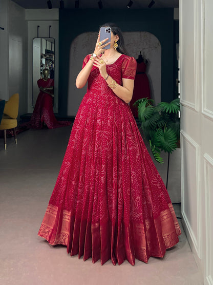 Red Pure Crafted in Elegant Kota Checks Anarkali Long Gown